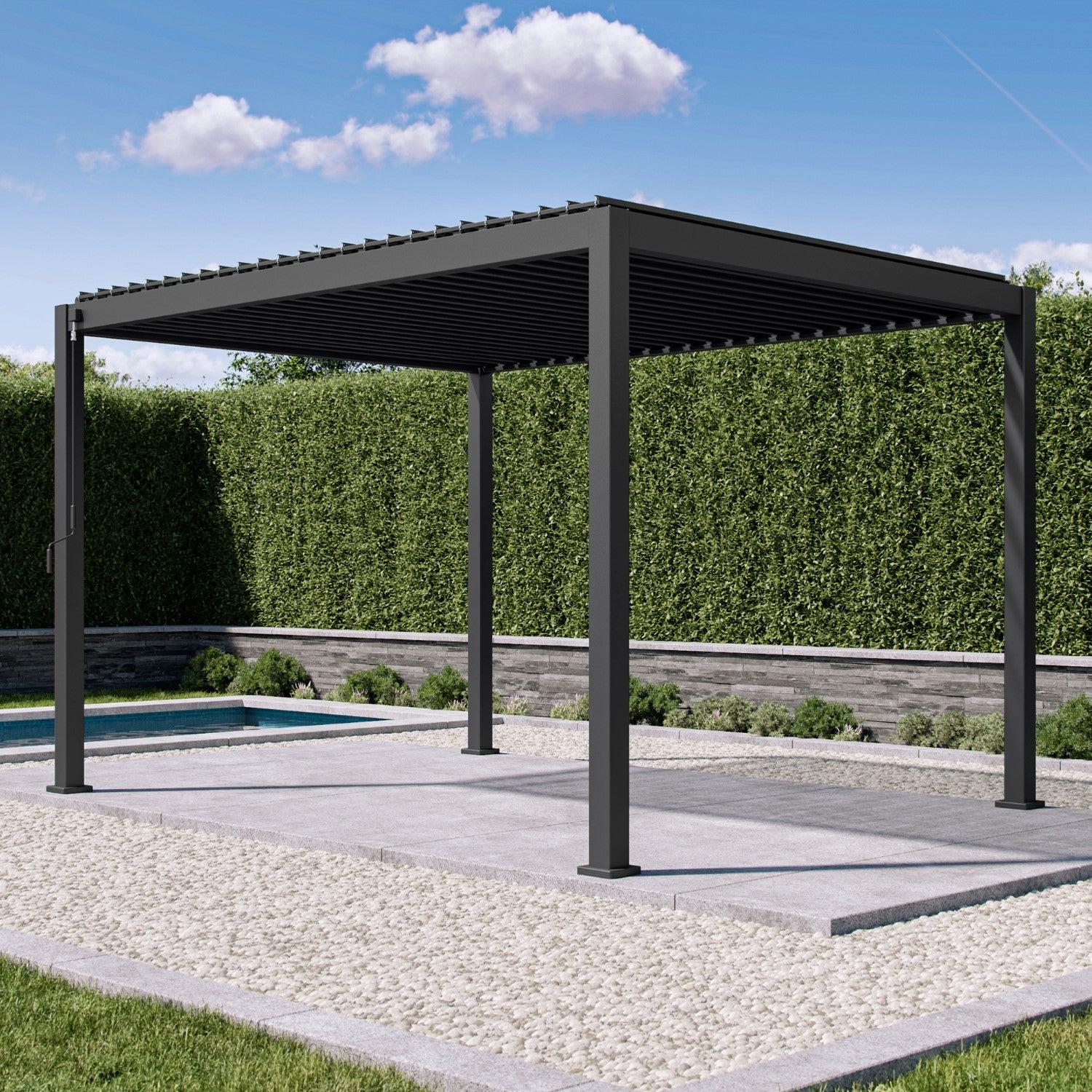 Mirador 111S louvered pergola in charcoal on a poolside patio with the aluminium louvers closed