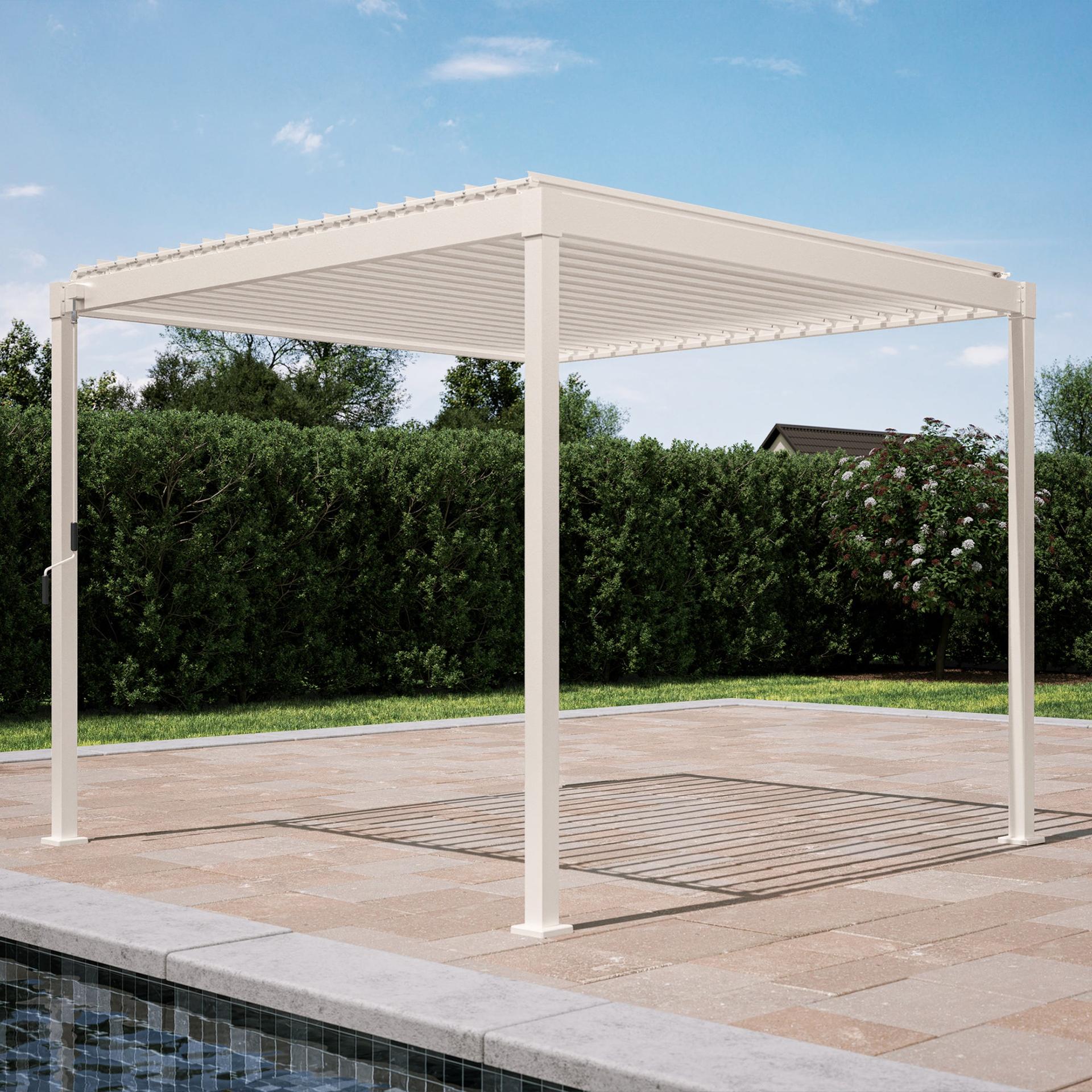 Mirador 80S louvered steel pergola in white on a paver patio in front of a hedge