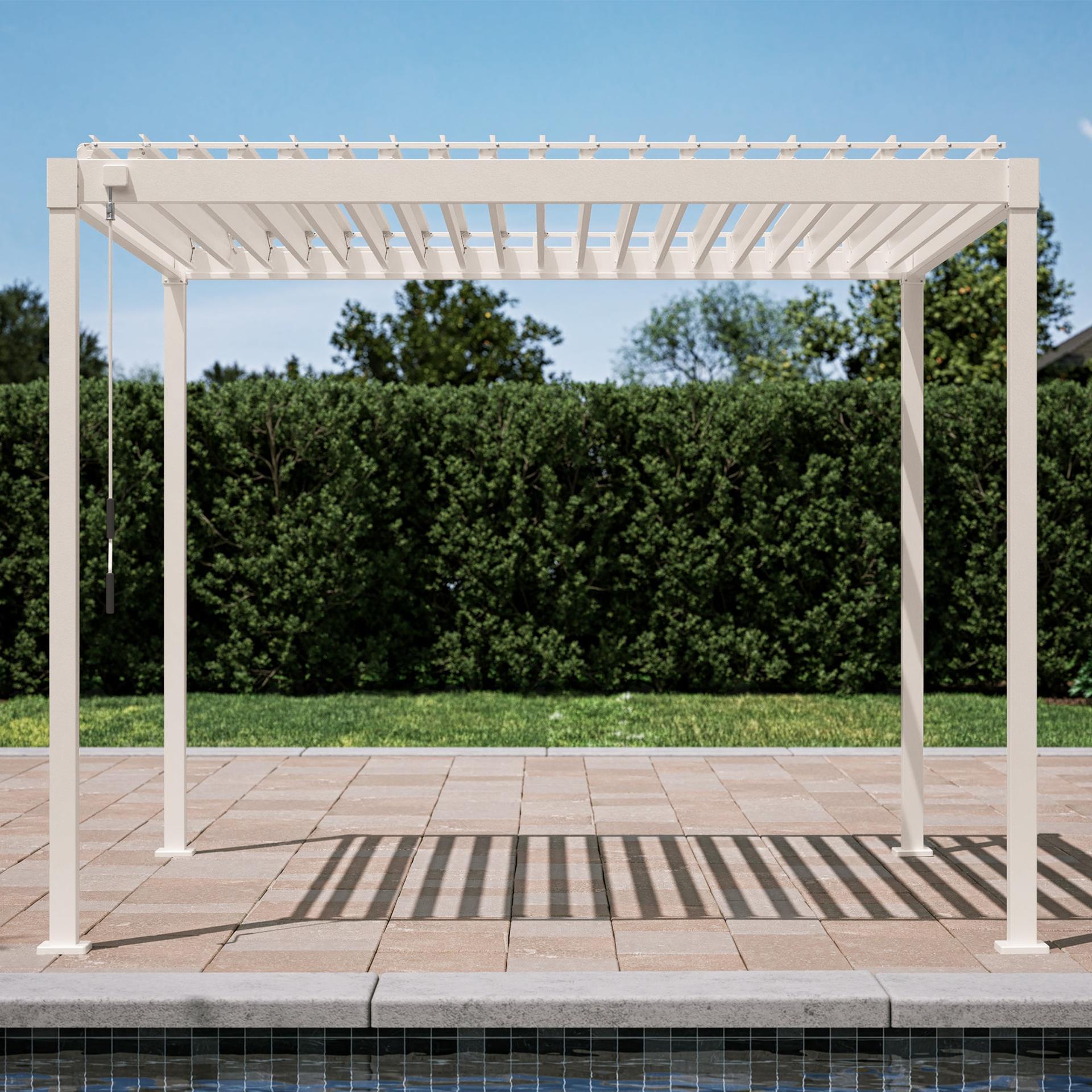 Mirador 80S pergola with open louvers on a pool-side paver patio