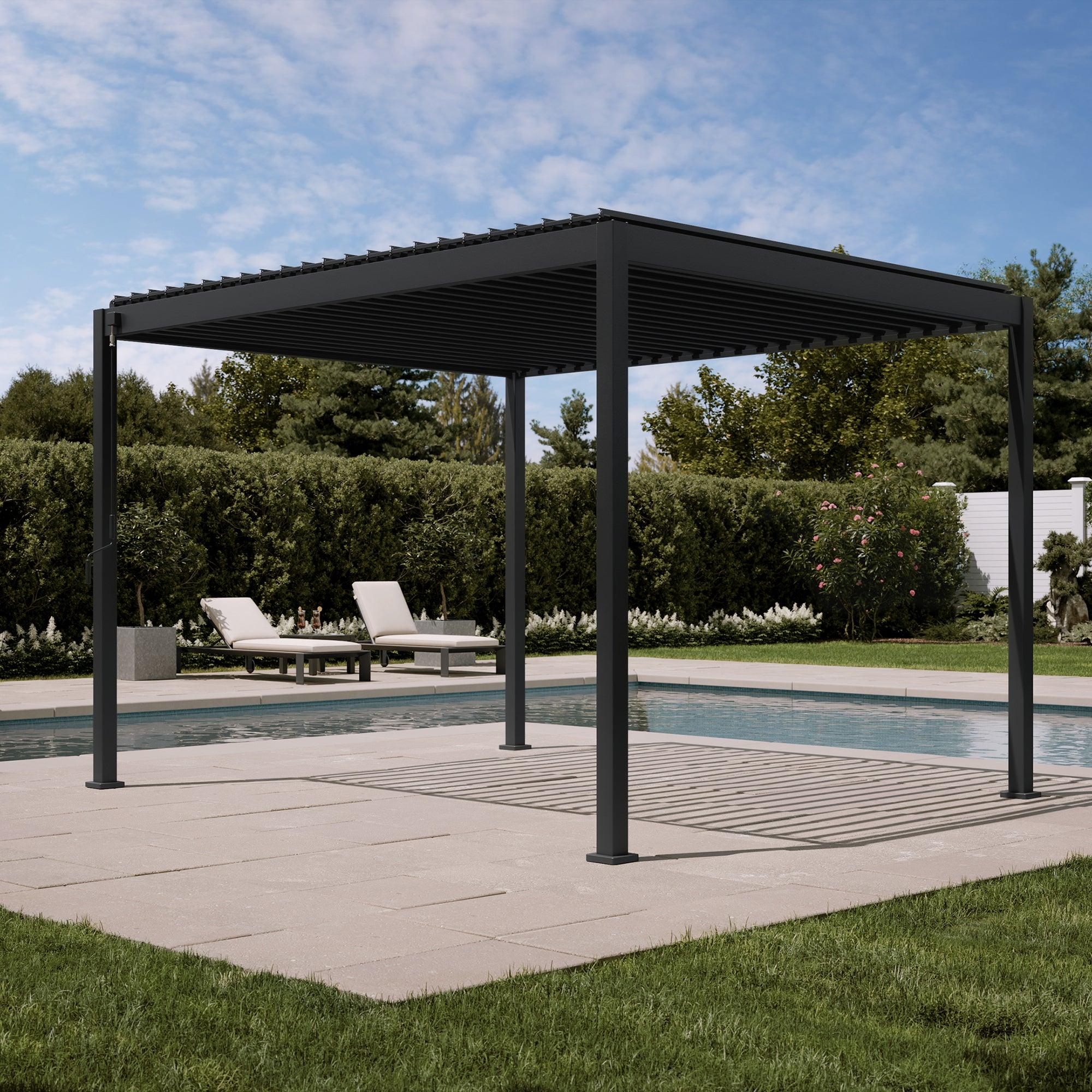 Mirador 88S louvered pergola in charcoal beside a pool with the louvers closed