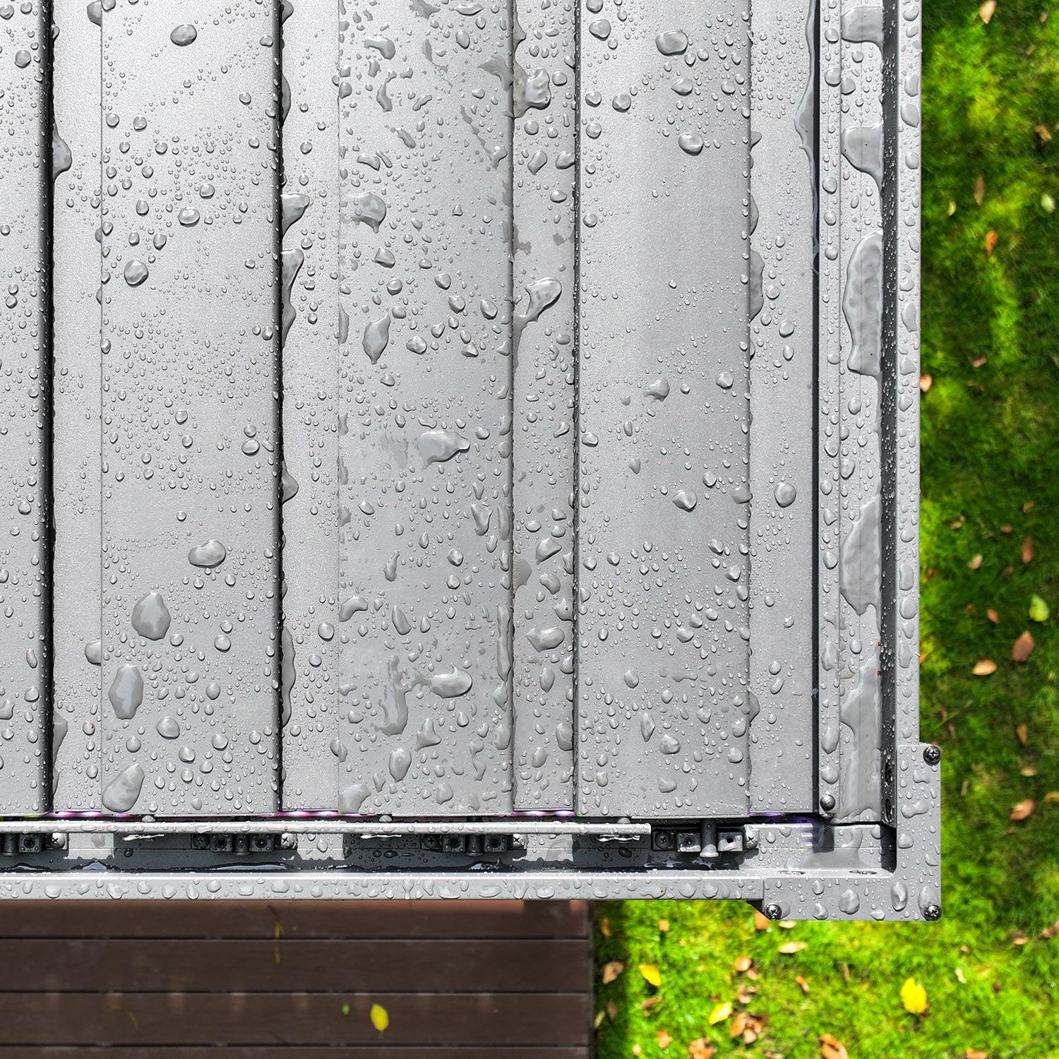 Close-up of the Mirador 88S closed louvers shedding rain into the integrated drainage channel