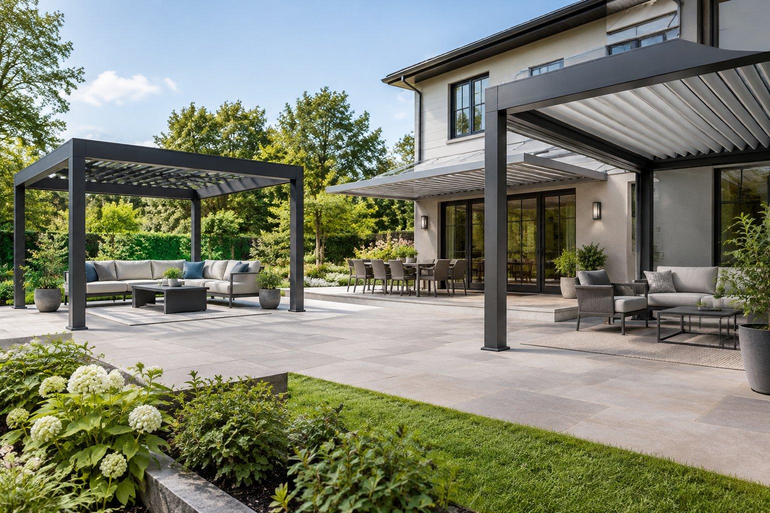 A freestanding louvered aluminum pergola over a lounge set on a garden patio, beside a second louvered pergola attached to the back wall of a house