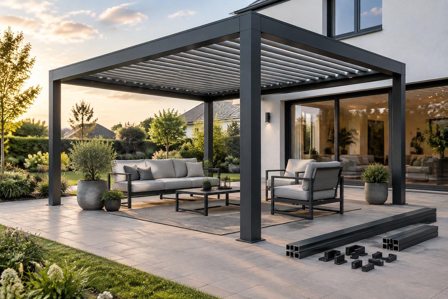Dark gray freestanding aluminum pergola with a louvered roof over a patio sofa and armchairs, with spare posts and brackets from the kit laid on the paving