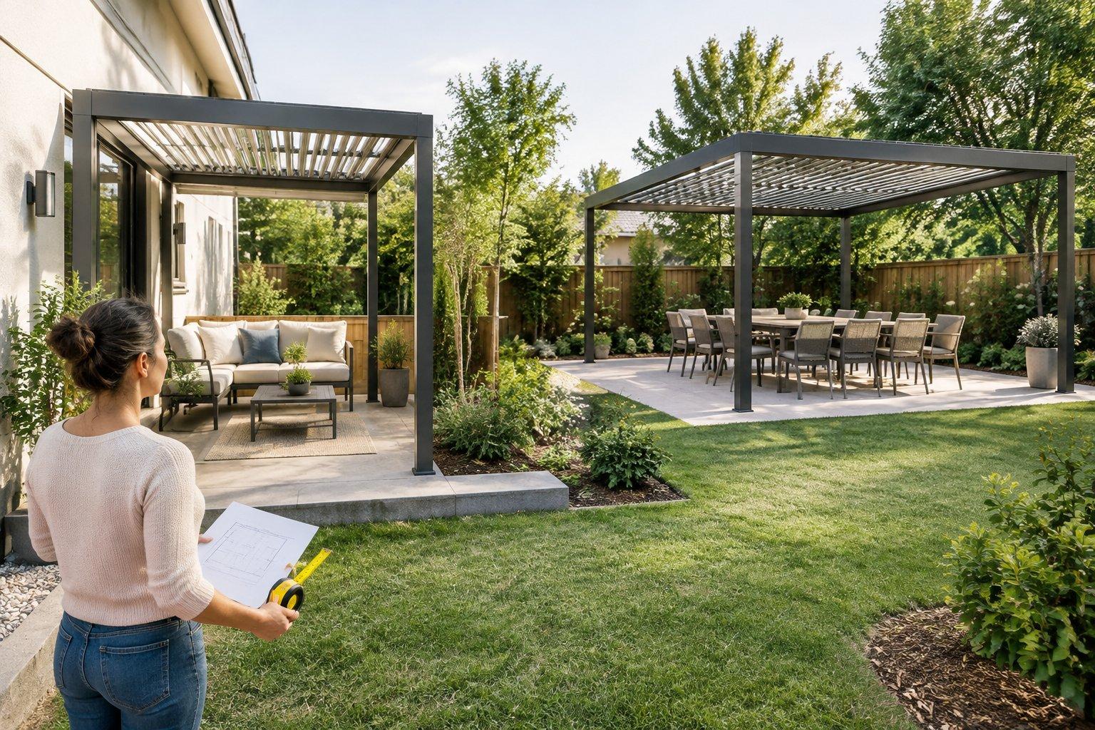 A homeowner holding a tape measure and a sketched plan looks across a lawn at two aluminum pergolas, one attached to the house over a sofa and one freestanding over a dining table