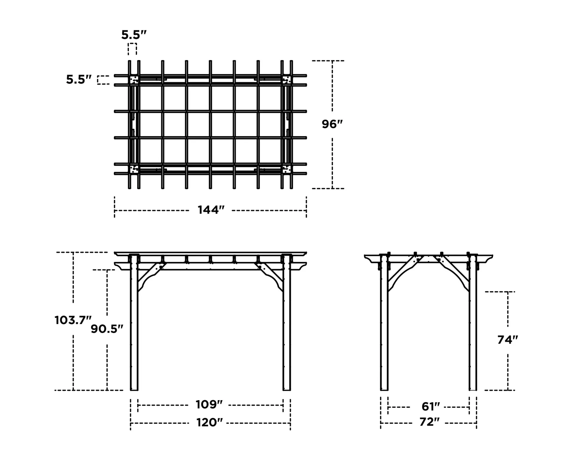POLYWOOD dimension drawing of the 8×12 Westgrove pergola: roof 144 by 96 inches, posts 120 by 72 inches apart, 109 by 61 inches between the posts