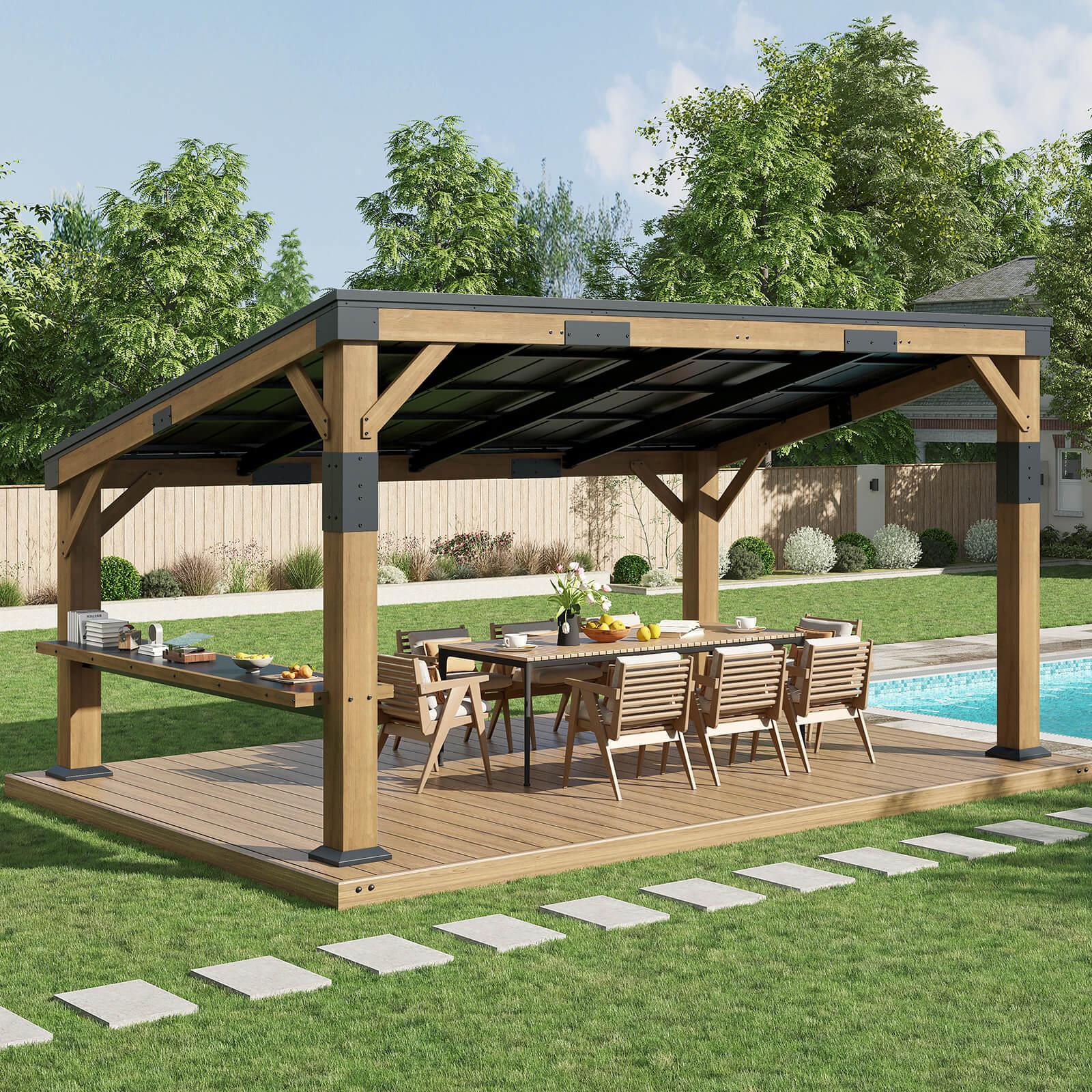 Amerlife Bayshore lean-to wood gazebo with a sloped metal roof and a bar shelf over an outdoor dining table