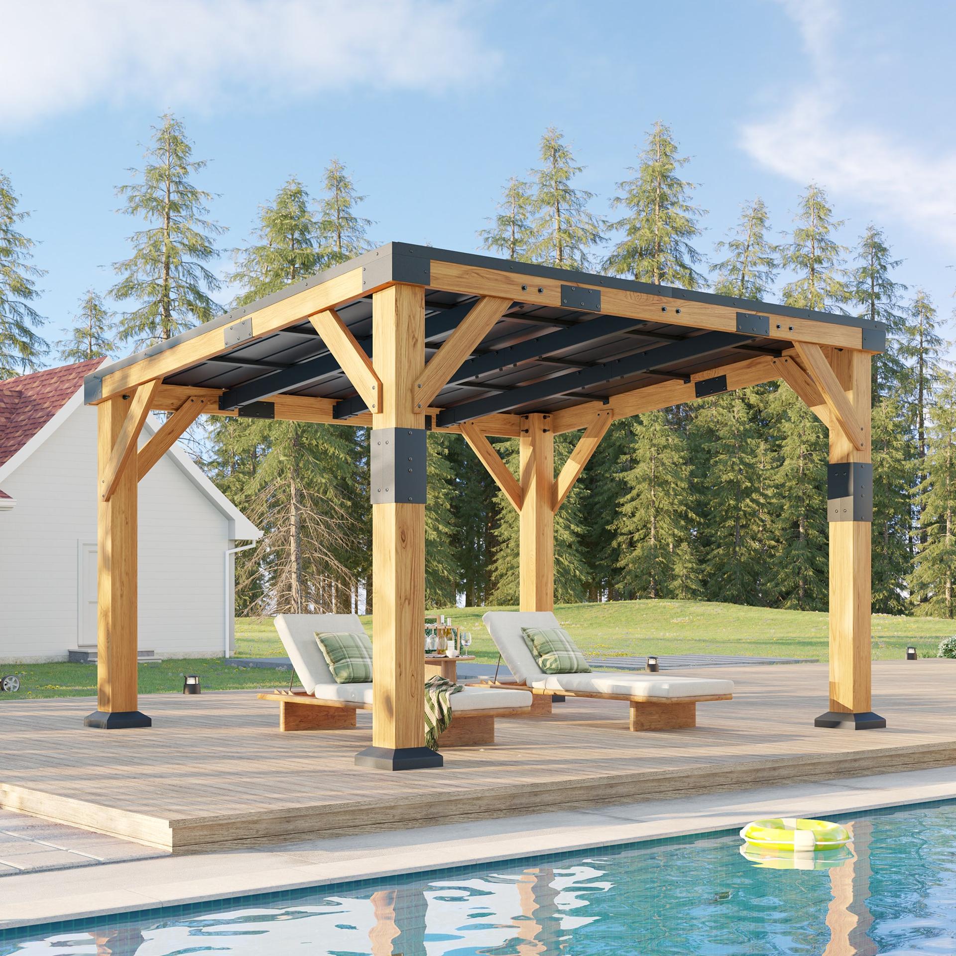 Amerlife cedar wood gazebo with a galvanized steel sloped roof beside a pool with lounge chairs