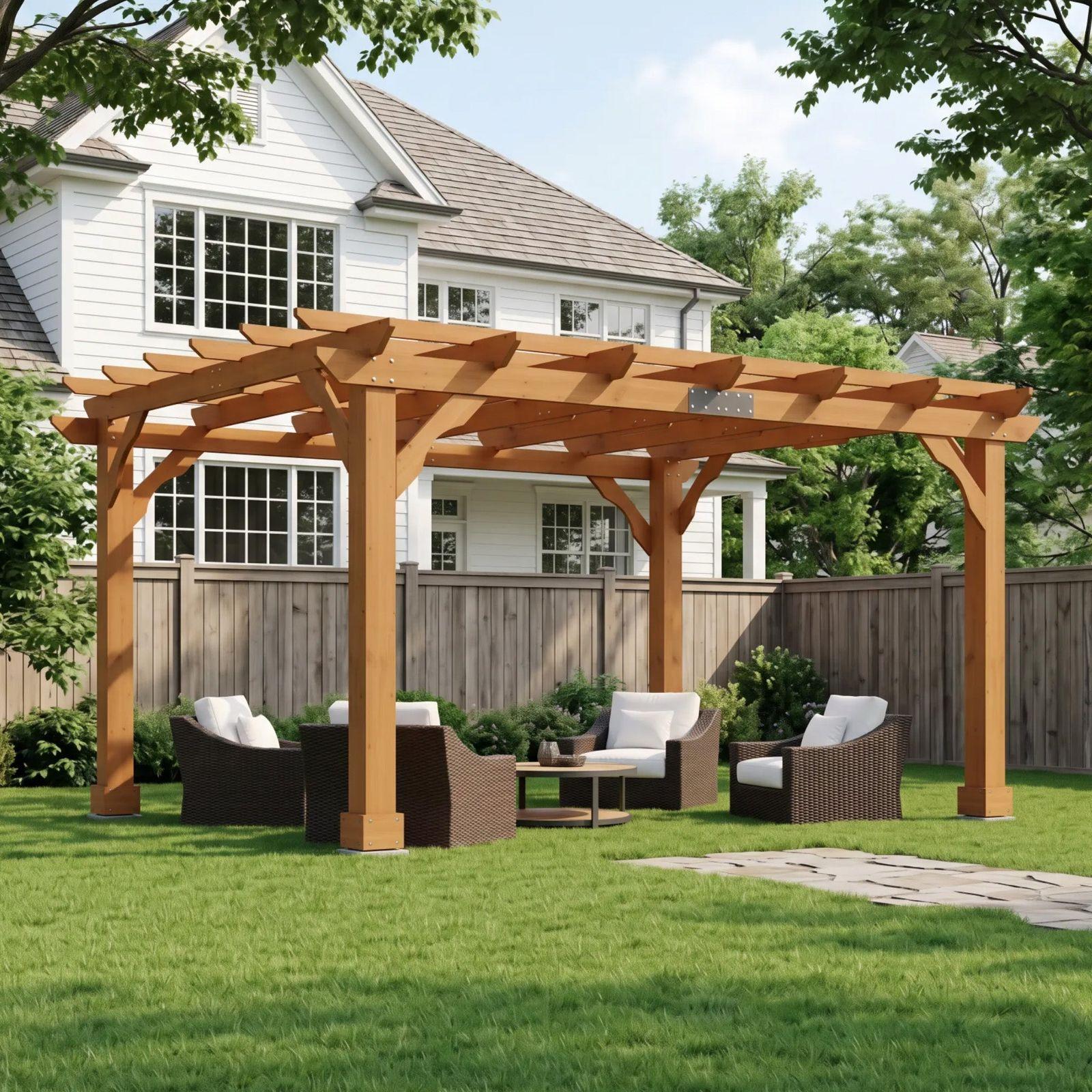 Cedrix 10x12 red-brown cedar pergola over a lawn, with dark wicker lounge chairs arranged around a square fire pit table, a white house and wood privacy fence behind