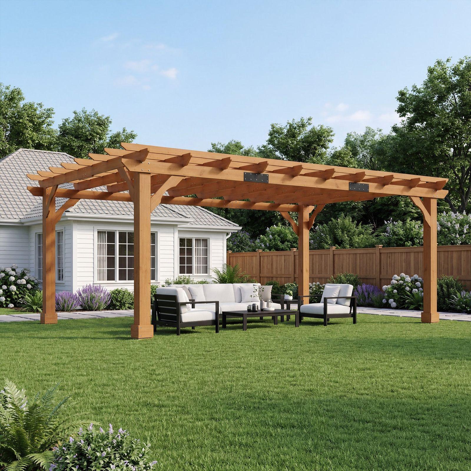 Amerlife Cedrix 12×16 cedar pergola with an open-slat roof over a lawn, with a wicker sofa and two armchairs beneath it and a house and privacy fence behind