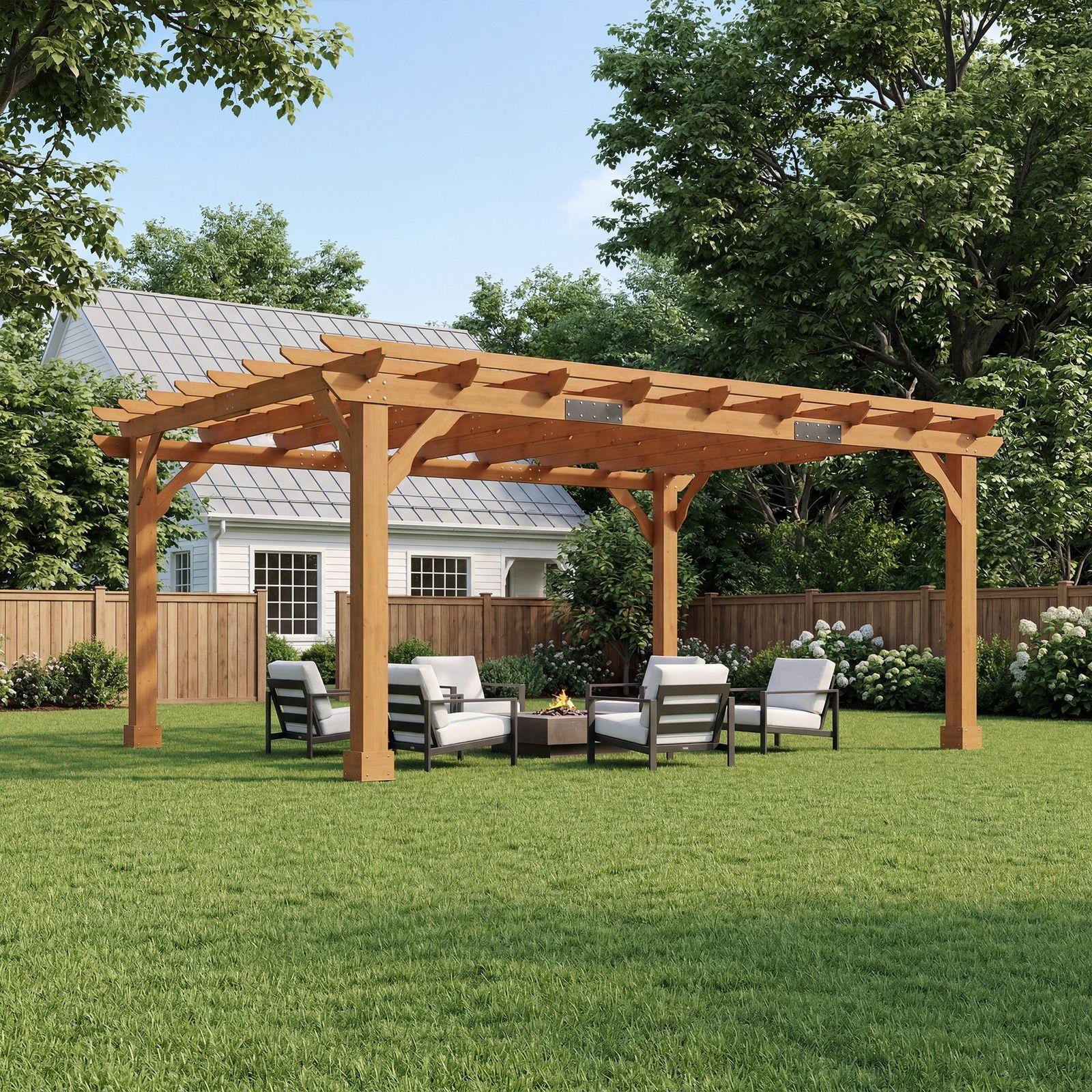 Amerlife Cedrix cedar pergola kit with an open-slat roof on a lawn, with six lounge chairs around a fire table beneath it and a white house behind the fence