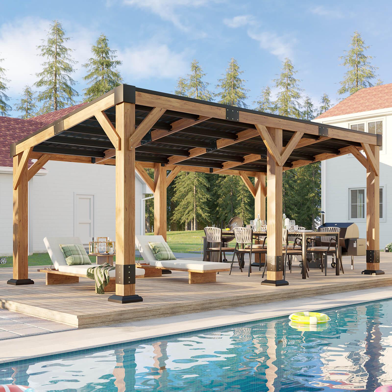 Amerlife Solark wooden gazebo with a sloped metal roof beside a pool with a patio dining set