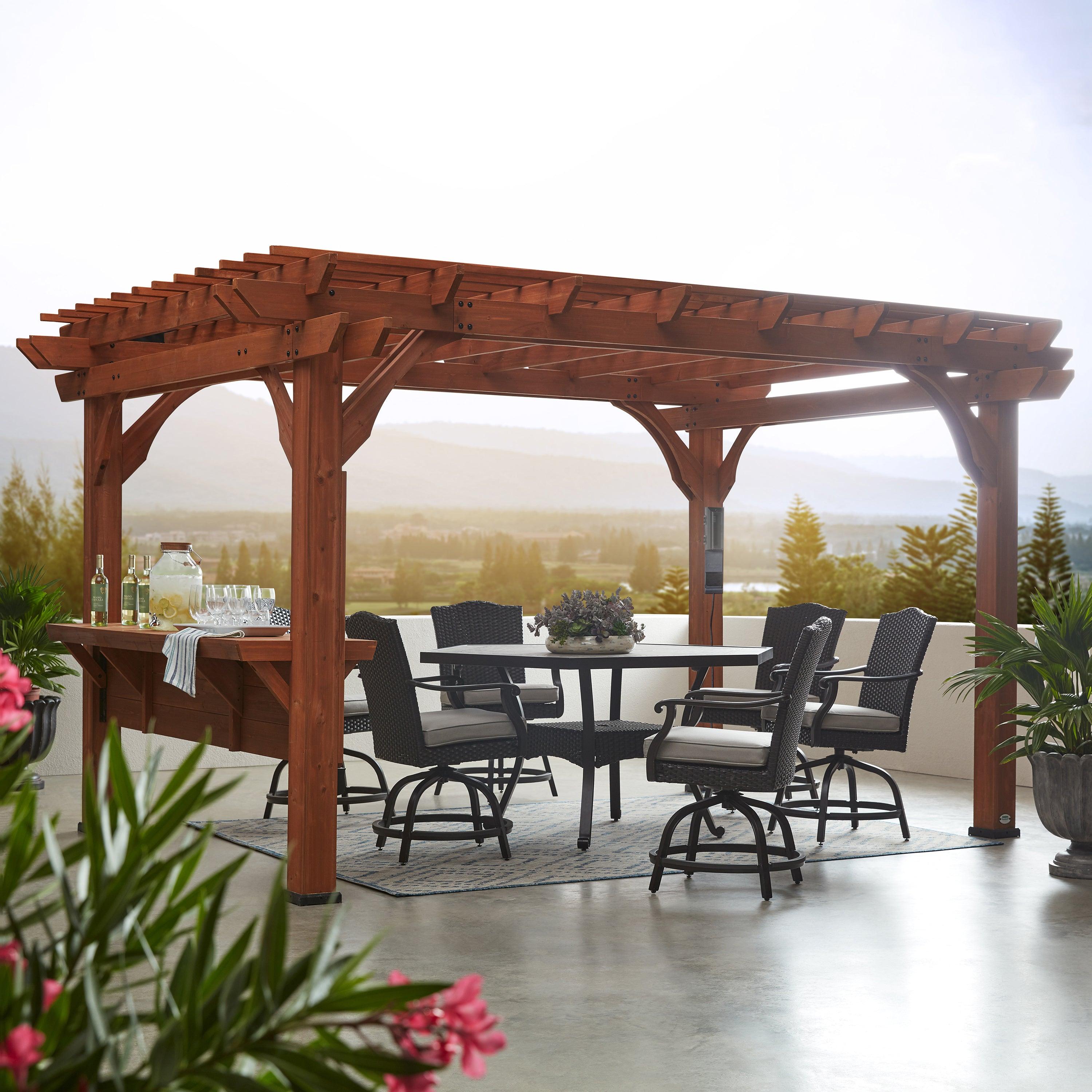 Backyard Discovery Ashland cedar pergola with its built-in bar top over a terrace dining set, medium brown stain