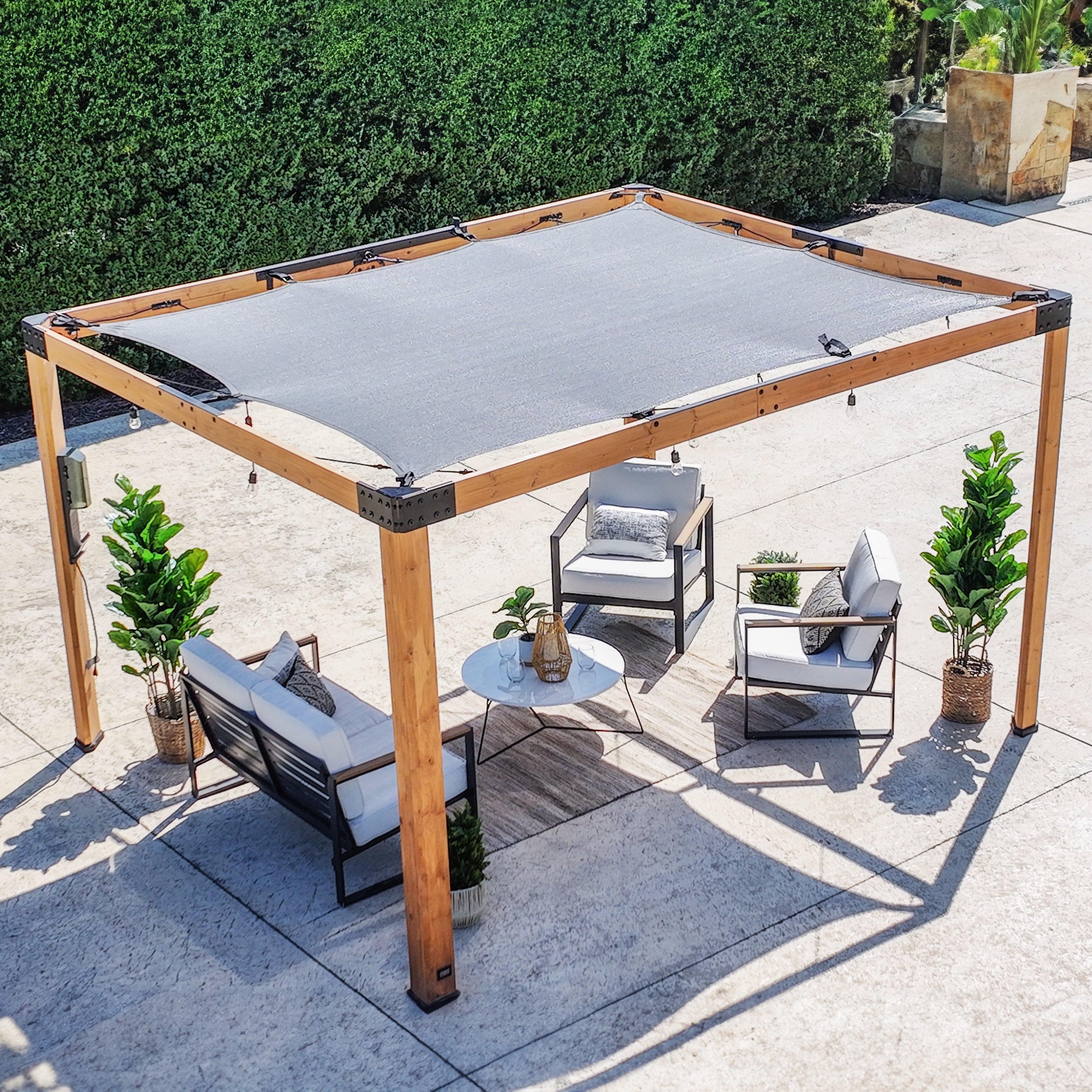 Overhead view of the Brendan pergola showing the grey shade sail tensioned inside the cedar frame