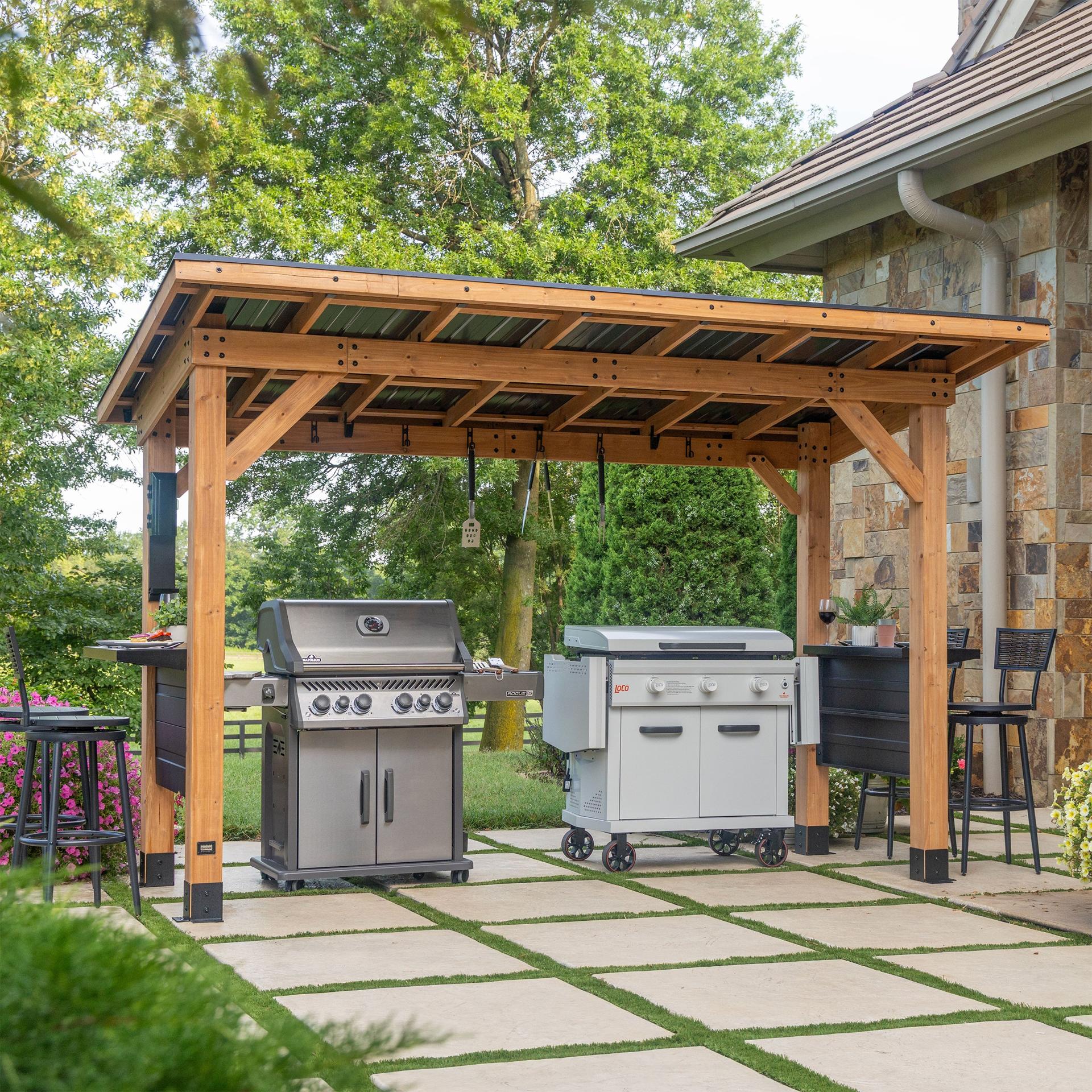 Backyard Discovery Briarton XL cedar grill gazebo with a cantilevered roof covering two grills