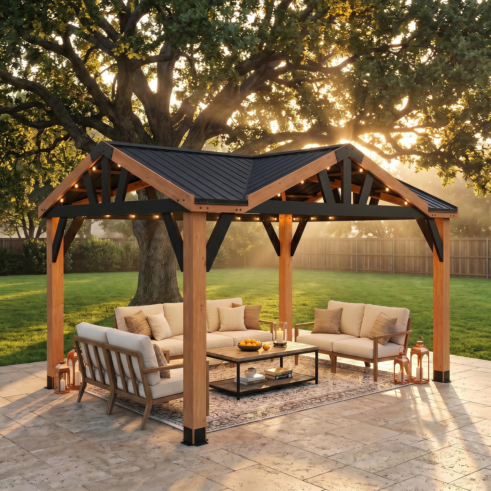Backyard Discovery Crosswind cedar gazebo with a four-sided black steel gable roof over an outdoor sofa set at sunset