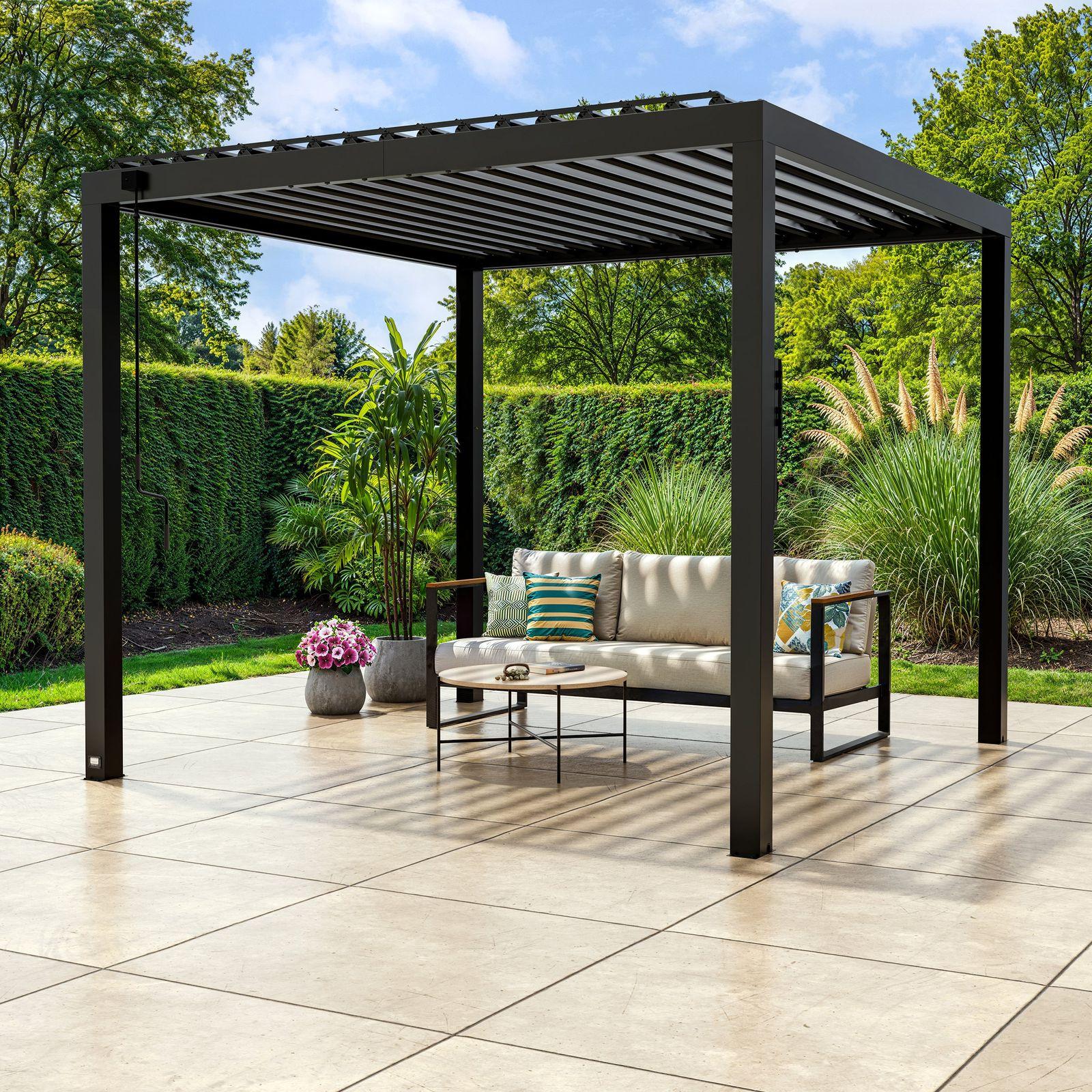 Backyard Discovery Sarasota steel louvered pergola in black over a patio sofa, louvers partly open