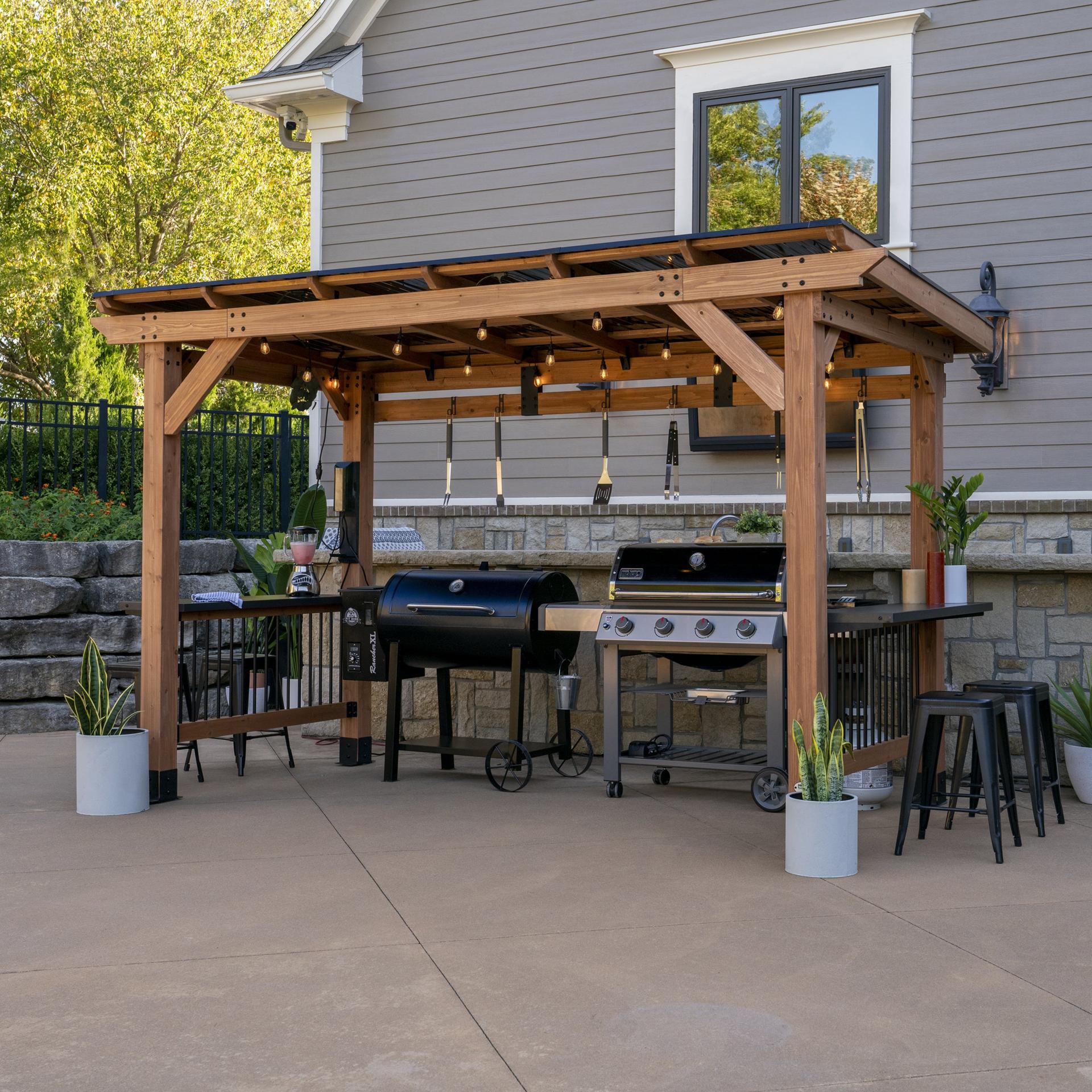 Backyard Discovery Saxony XL cedar grill gazebo with a steel roof over two grills