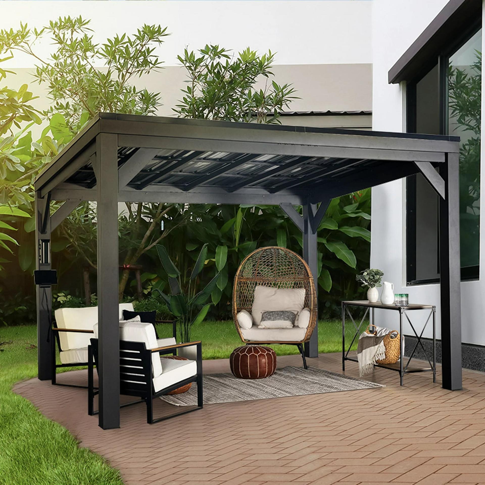 Backyard Discovery Stonebridge black steel gazebo with a sloped roof over patio seating