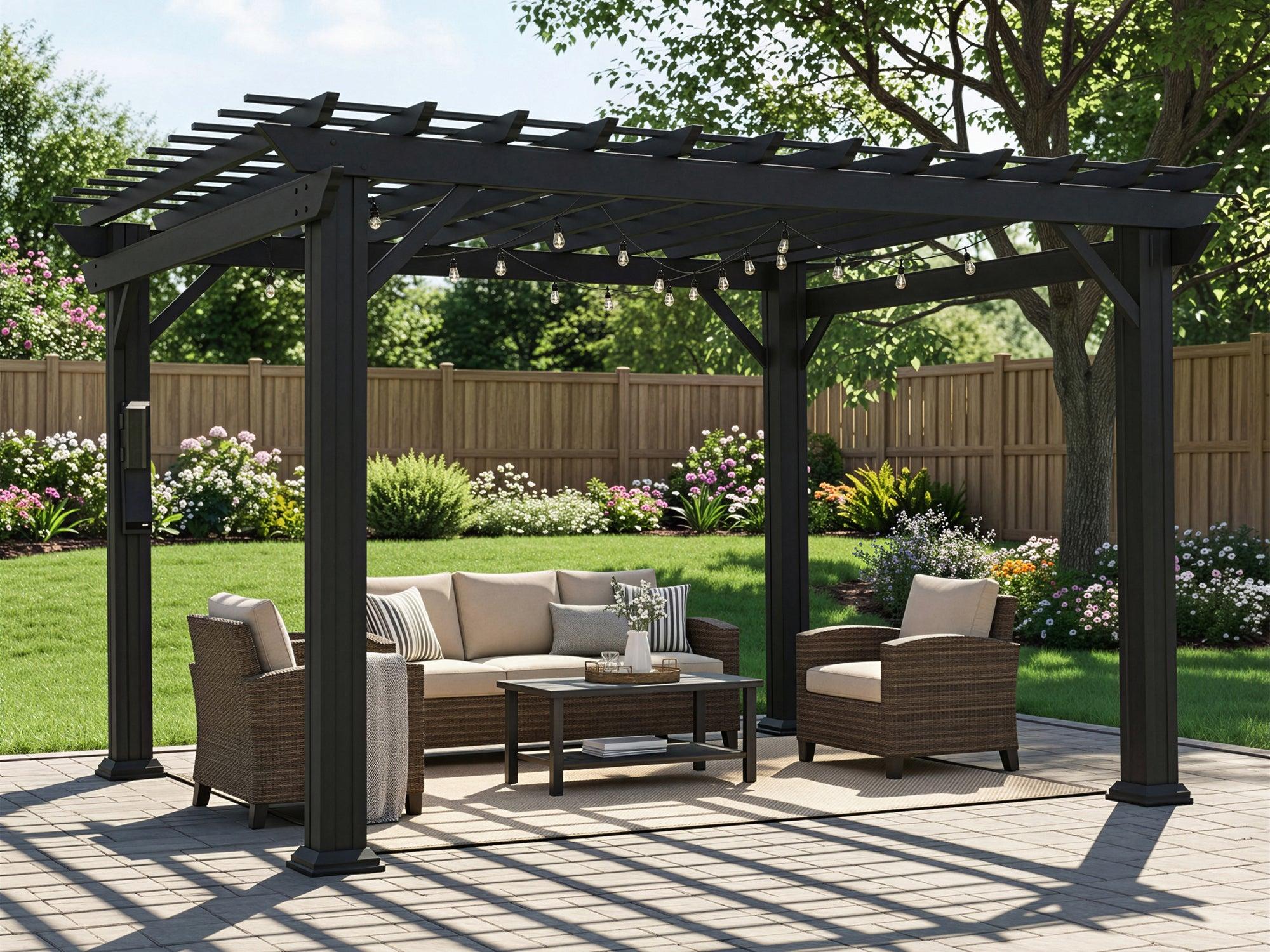 Backyard Discovery Stratford steel pergola in black over a patio sofa set, a mainstream mid-market kit