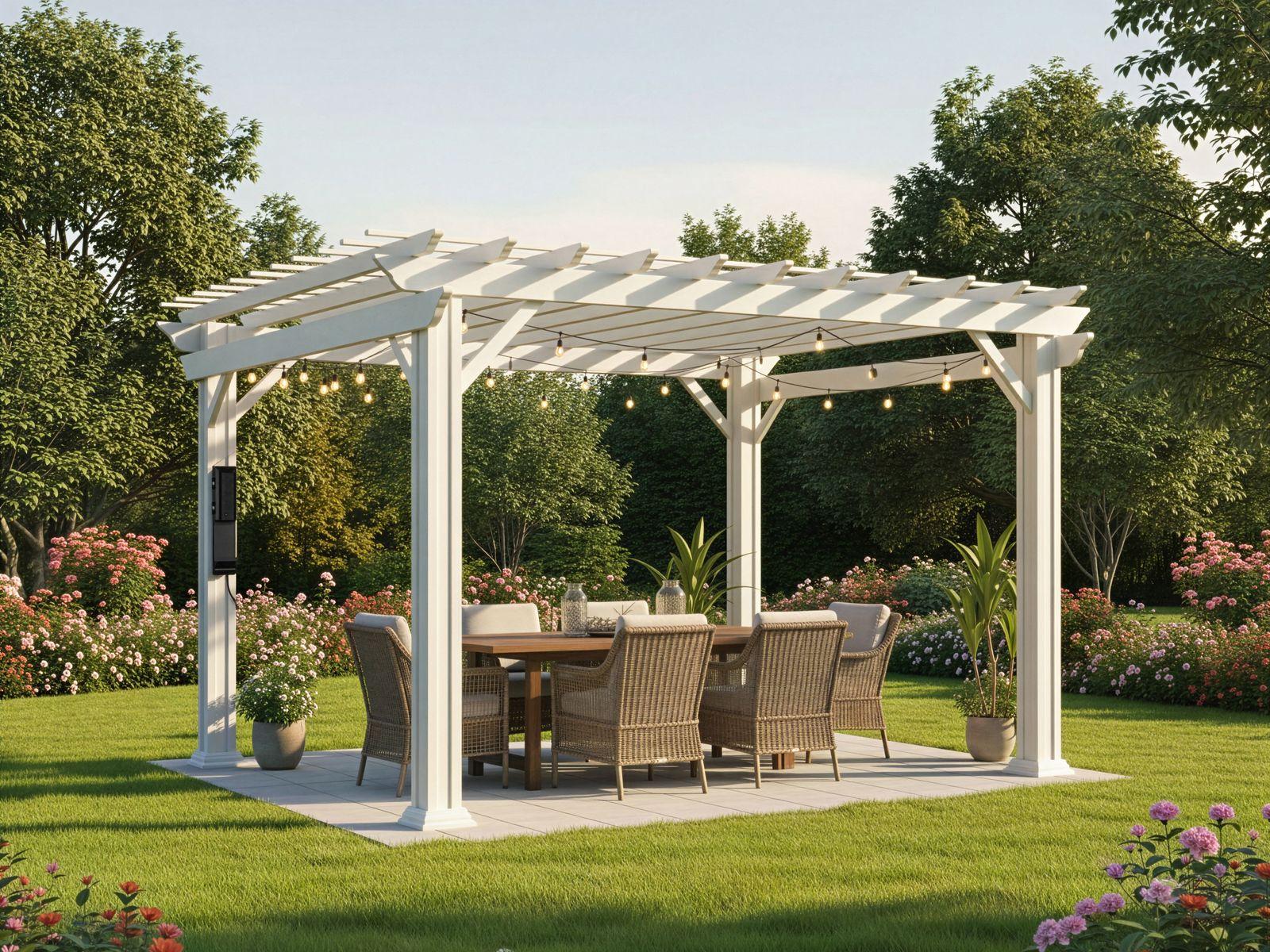 Backyard Discovery Stratford steel pergola in white over a garden dining table on a lawn patio