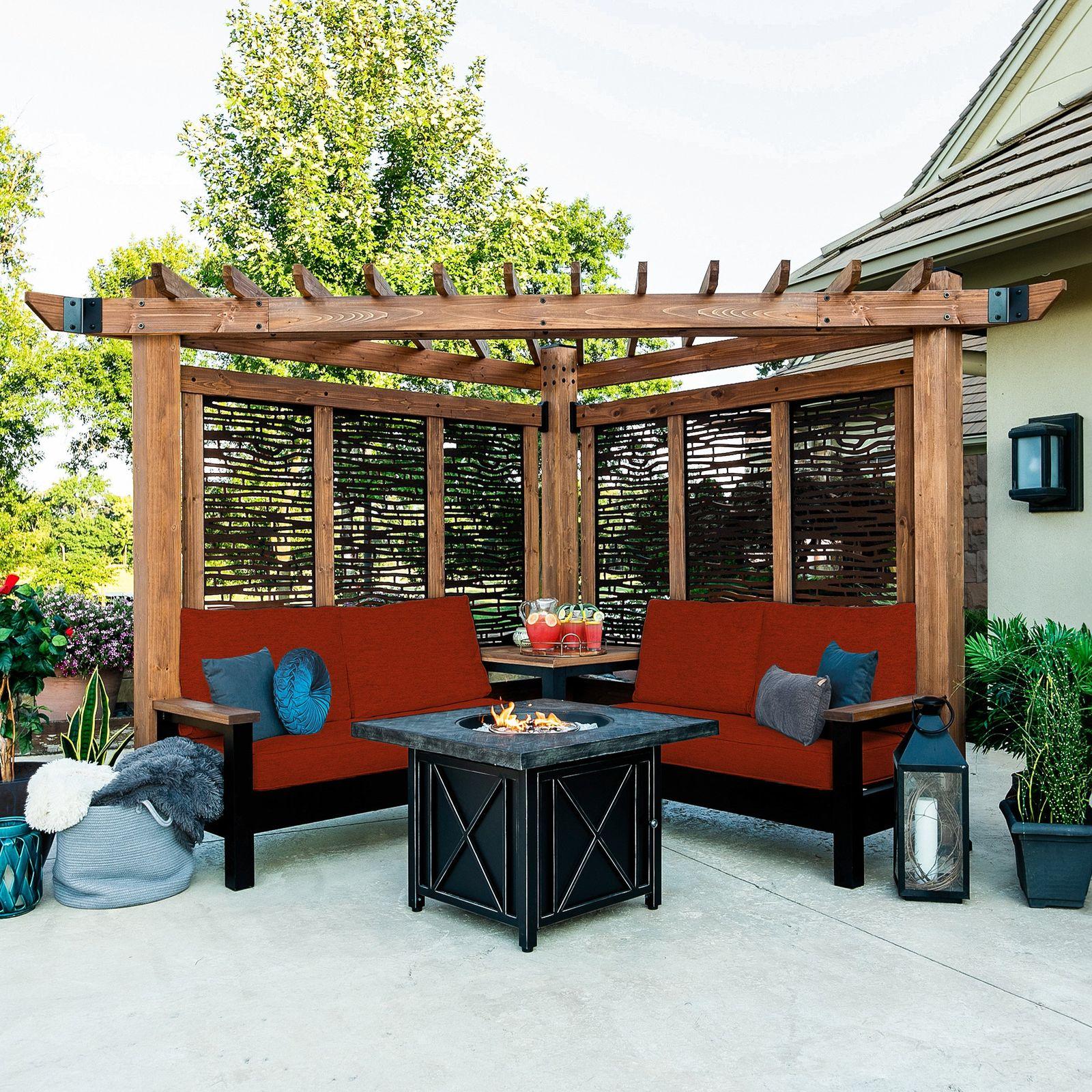 Backyard Discovery Tuscany corner pergola with bamboo-pattern privacy panels and built-in conversation seating