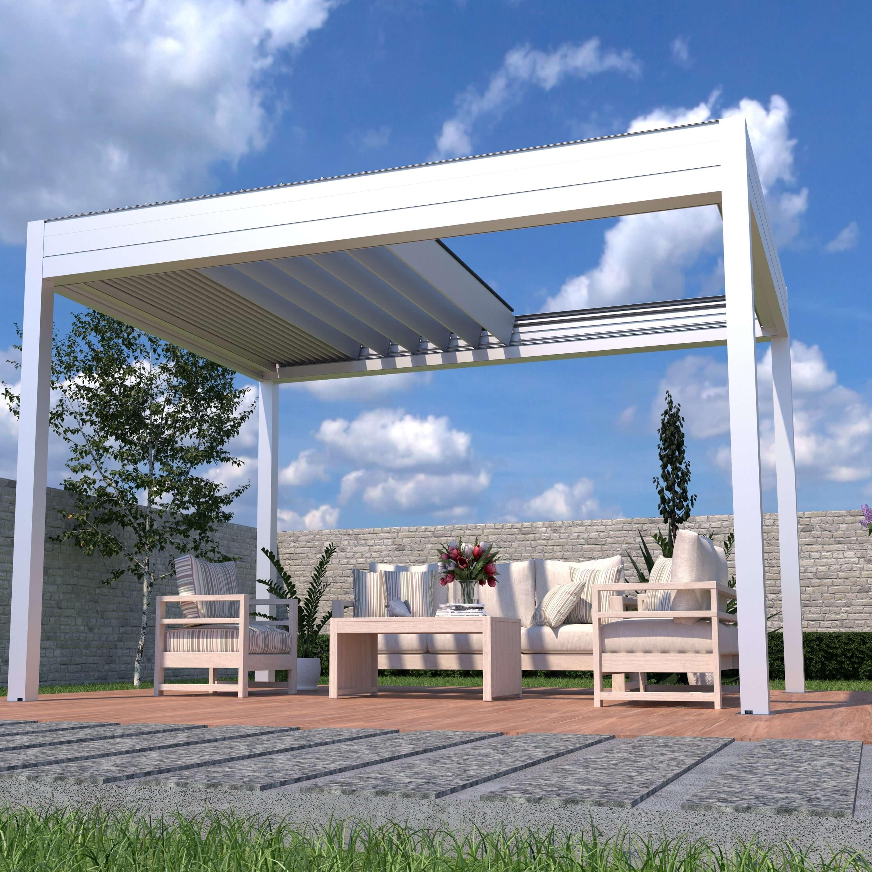 BON Pergola Grand Retractable Pergola in white with the roof partly retracted over a deck seating area