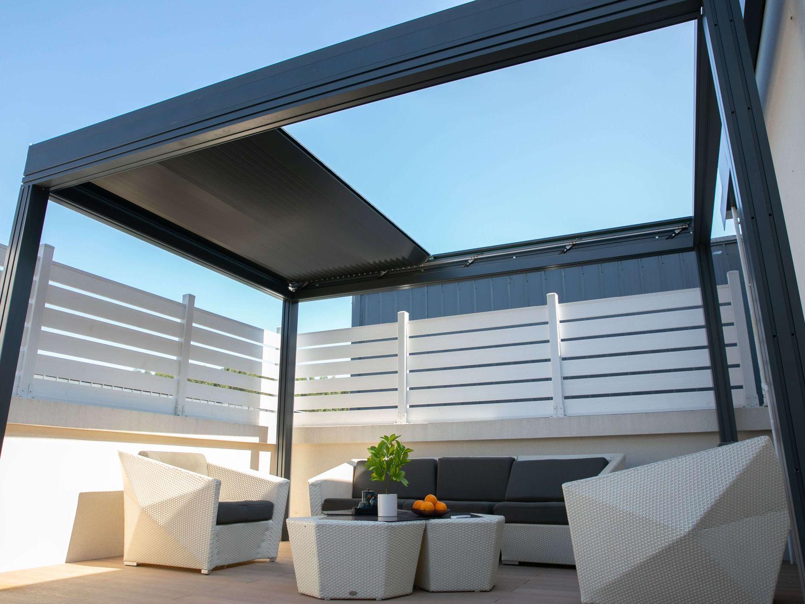 BON Pergola Grand Retractable Pergola - Motorized Louver w/ Lighting 10 x 13 ft in Dark Gray