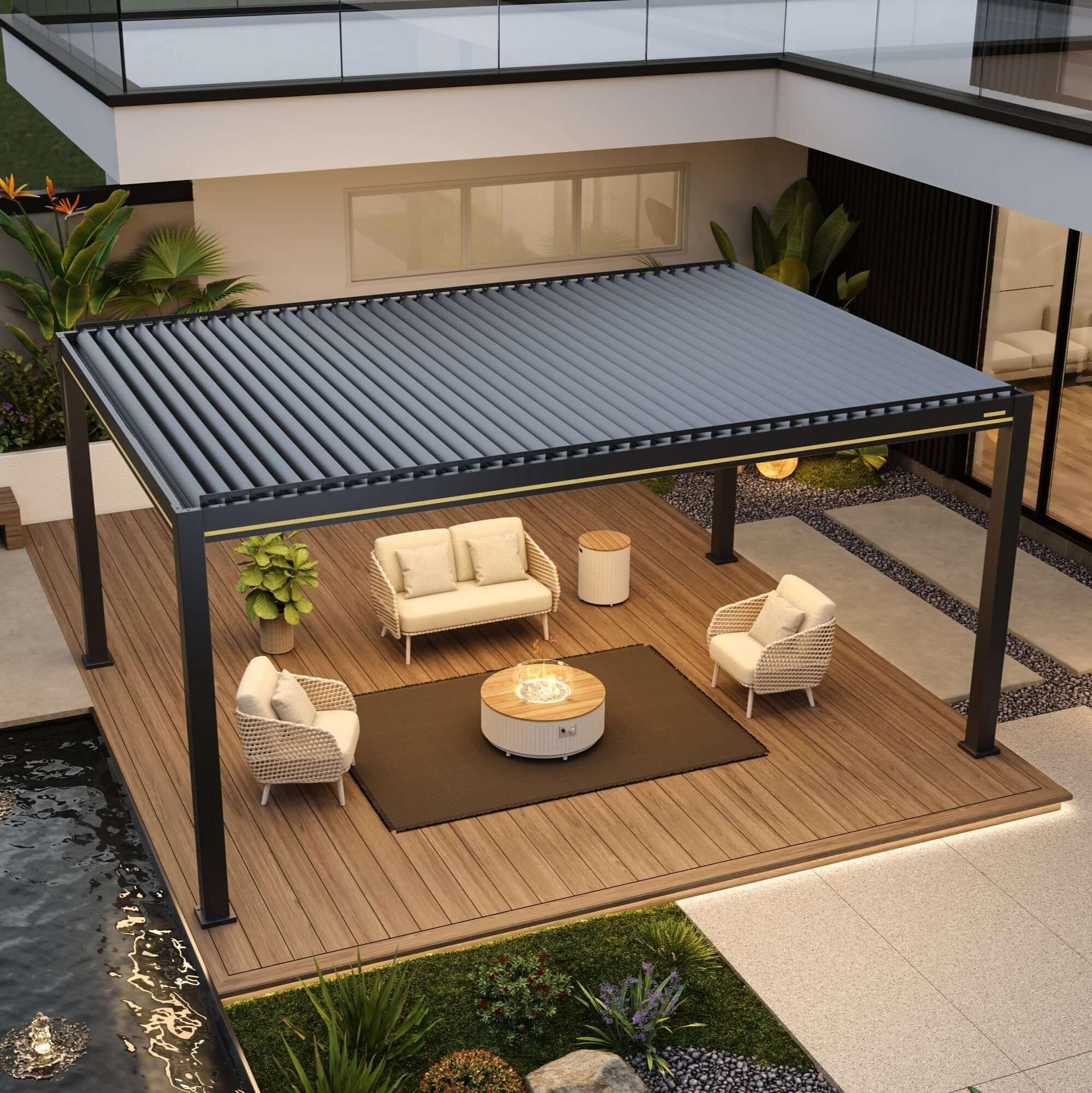 BON Pergola Villa Pergola 2.0 in dark gray with open louvers over a timber deck lounge
