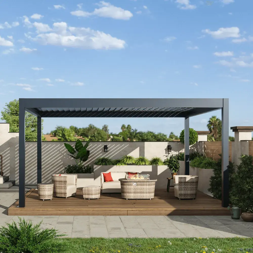 BON Pergola Weatherproof Pergola in dark gray over a timber deck lounge with a fire table