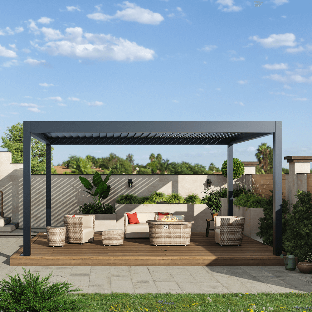 BON Pergola Weatherproof Pergola in dark gray over a timber deck lounge with a fire table