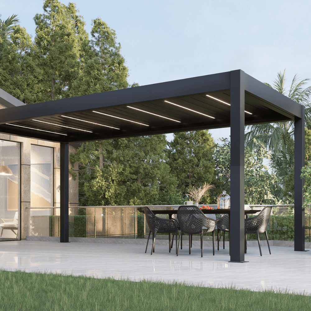 Dark gray Weatherproof Pergola with louver LED lighting over a patio dining table beside a house