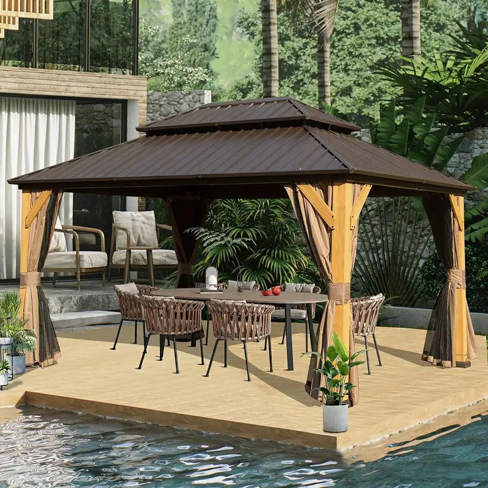 Domi Outdoor Living cedar-post gazebo with a galvanized steel double roof and curtains over a dining table at the water's edge