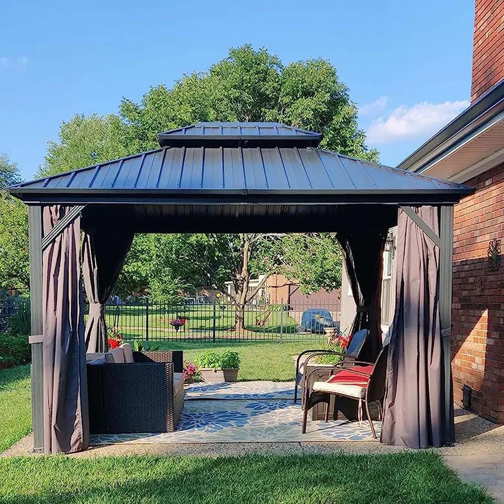 Domi Outdoor Living classic hardtop gazebo with a two-tier dark roof and curtains over patio chairs on a lawn
