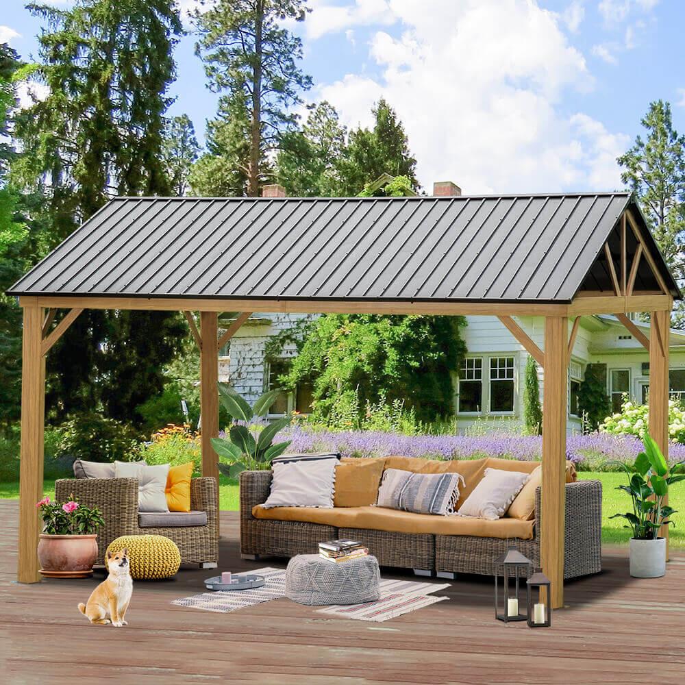 Domi Outdoor Living wood-look gable hardtop gazebo with a dark steel roof over a wicker sofa set on a lawn