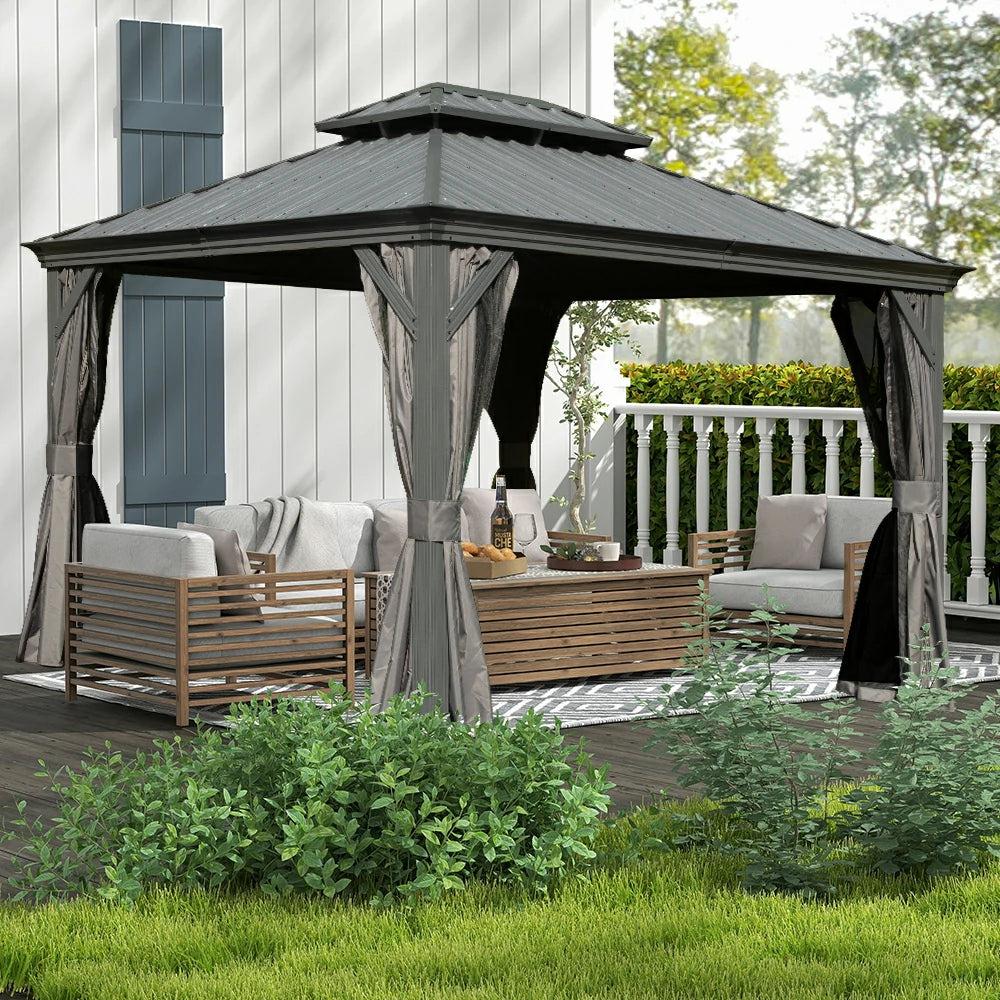 Domi Outdoor Living galvanized steel hardtop gazebo with a two-tier gray roof and gray curtains over patio seating beside a white house