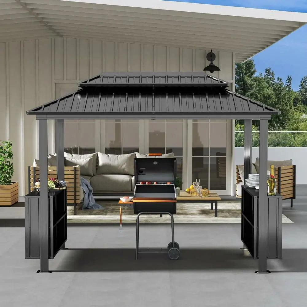 Domi Outdoor Living 6x10 hardtop grill gazebo with two side storage cabinets over a gas grill beside a patio