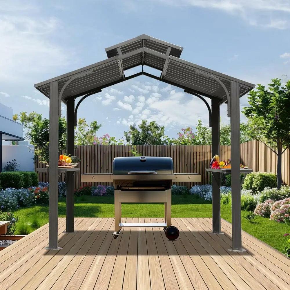 Domi Outdoor Living 8x5 outdoor grill gazebo with a gable roof over a kettle grill on a wood deck