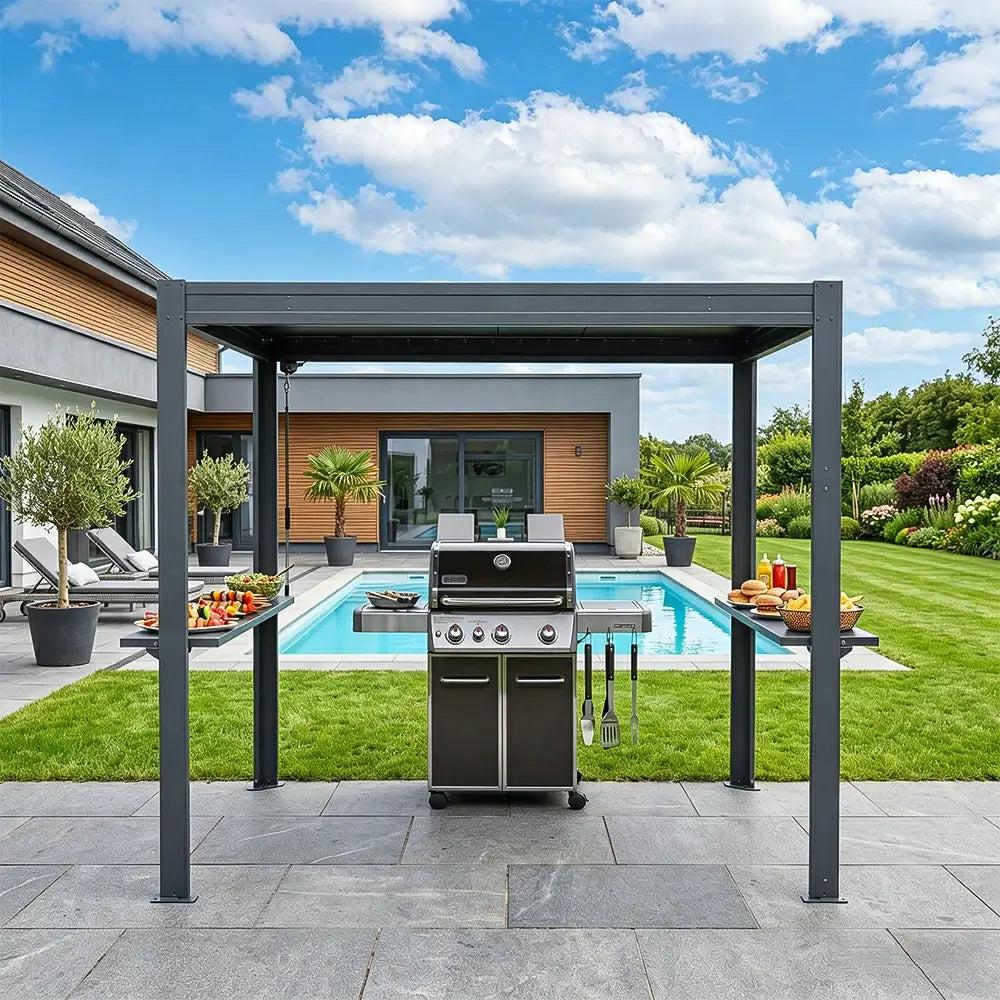 Domi Outdoor Living 8x5 aluminum grill gazebo with a louvered roof over a gas grill beside a pool