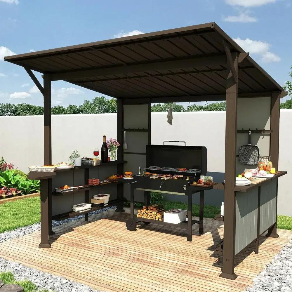 Domi Outdoor Living 9x10 hardtop grill gazebo with a sloped brown roof, side shelves and an expansion platform over a grill on a deck