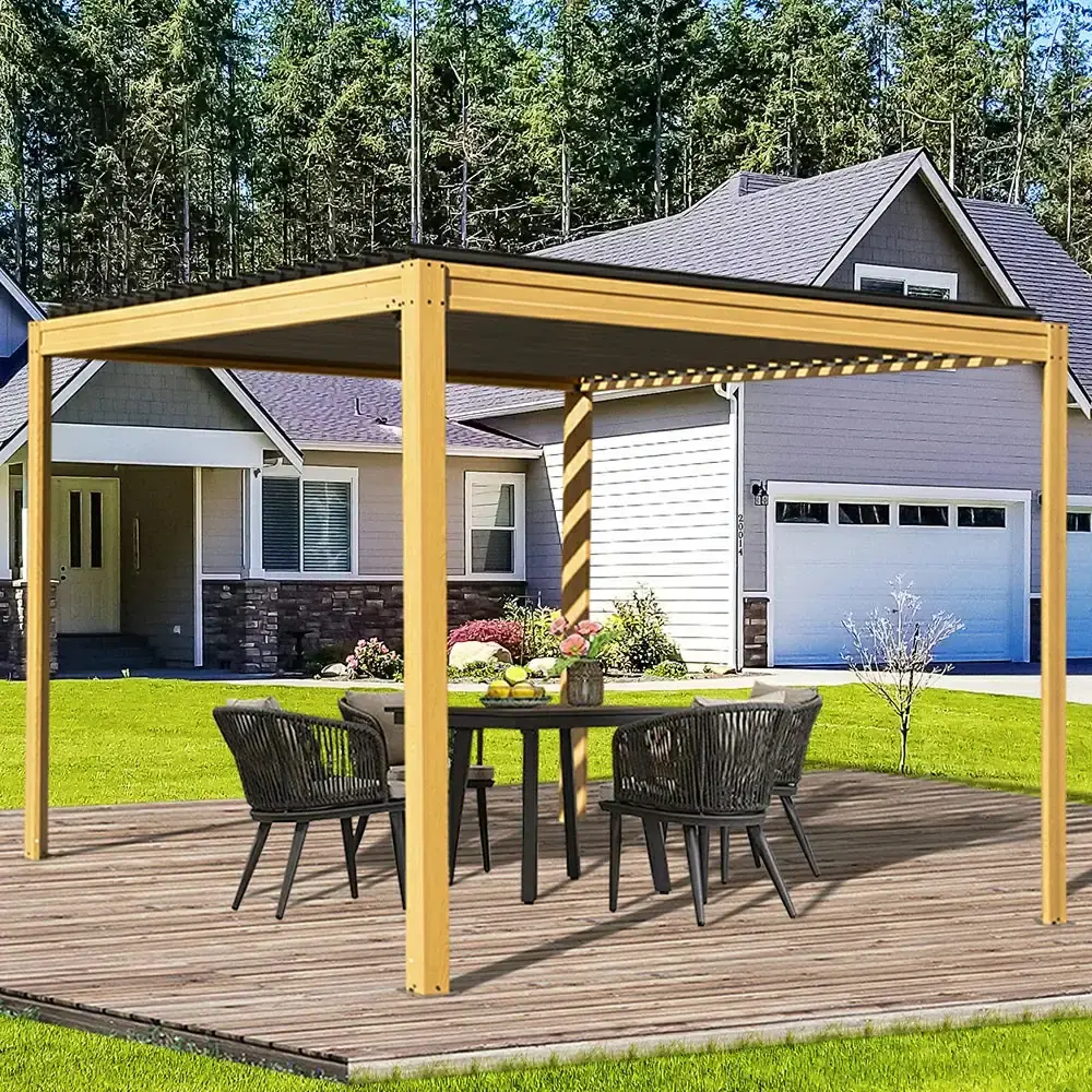 Domi Outdoor Living Metal Louvered Pergola 10 x 10 ft in Wood-looking