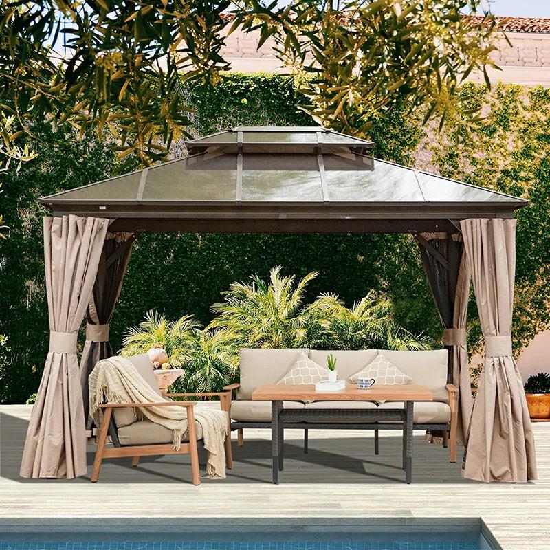 Domi Outdoor Living polycarbonate hardtop gazebo with a clear roof and beige curtains over a sofa set beside a pool