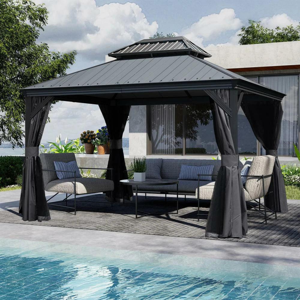 Domi Outdoor Living dark gray hardtop gazebo with a resin roof and curtains over lounge seating beside a pool