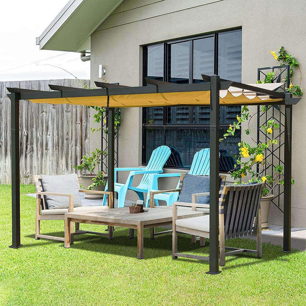 Domi Outdoor Living aluminum retractable pergola with a yellow fabric canopy over an outdoor sofa and chairs in a garden