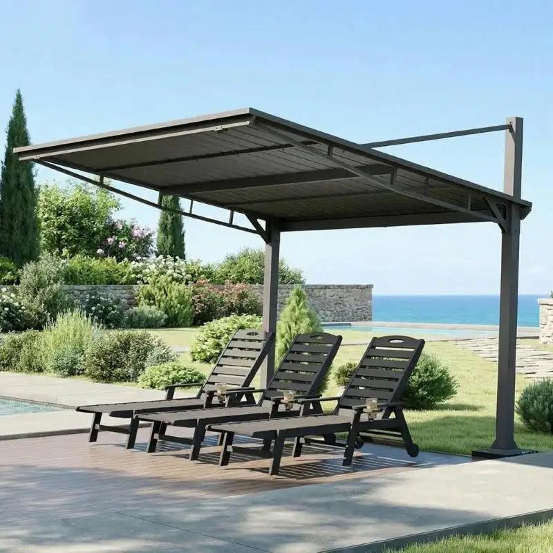 Domi Outdoor Living freestanding gazebo with a single slanted steel roof on two columns over three lounge chairs by a pool