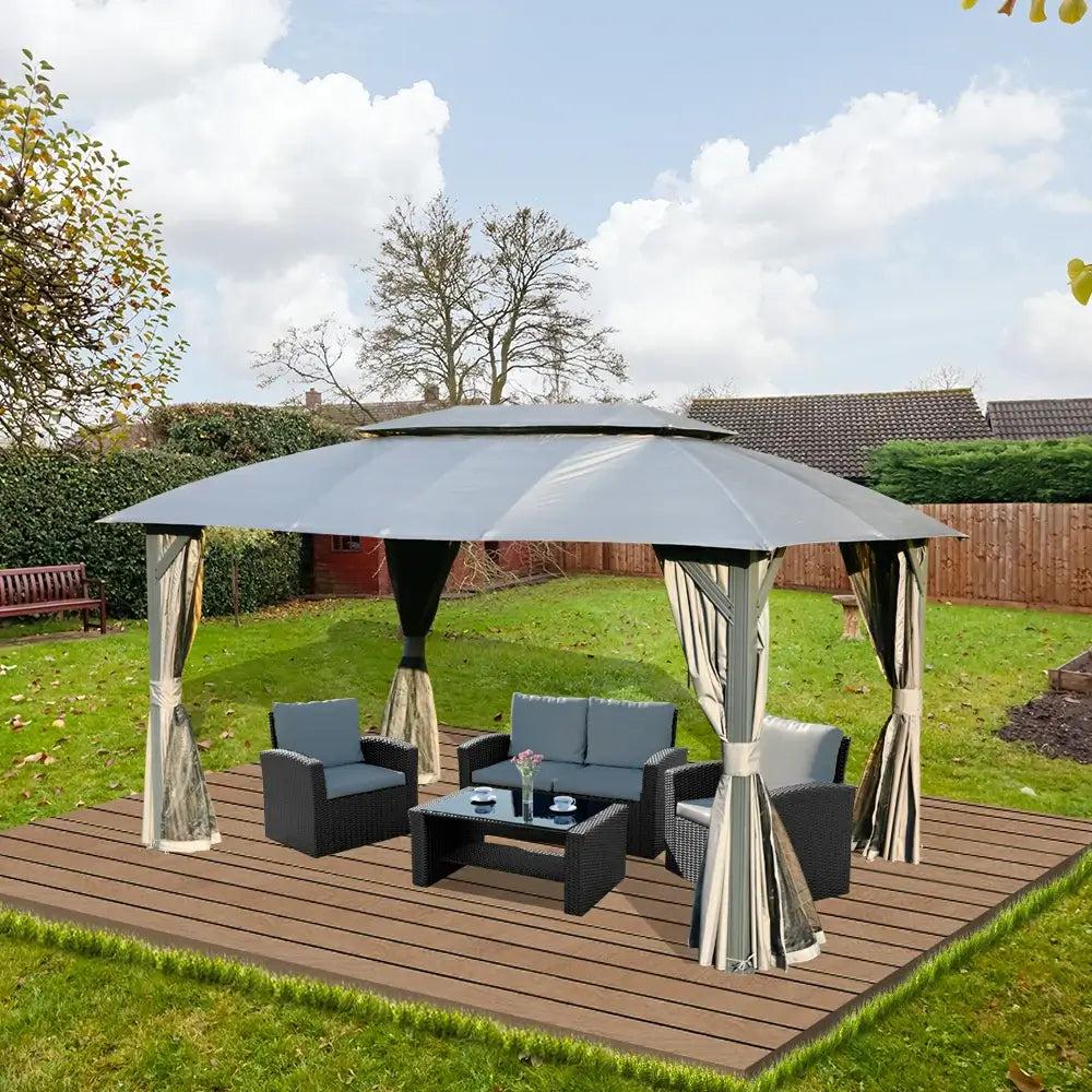 Domi Outdoor Living soft-top double-roof canopy gazebo with a gray fabric roof and beige curtains over outdoor seating on a deck