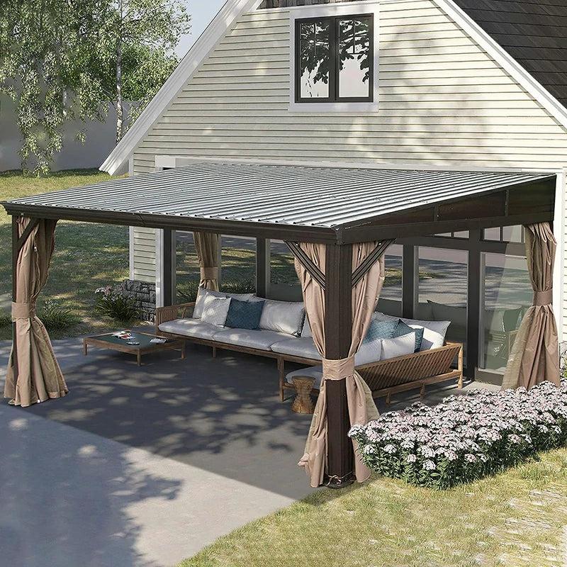 Domi Outdoor Living wall-mounted hardtop gazebo with a sloping steel roof and curtains, attached to a house over a sofa set