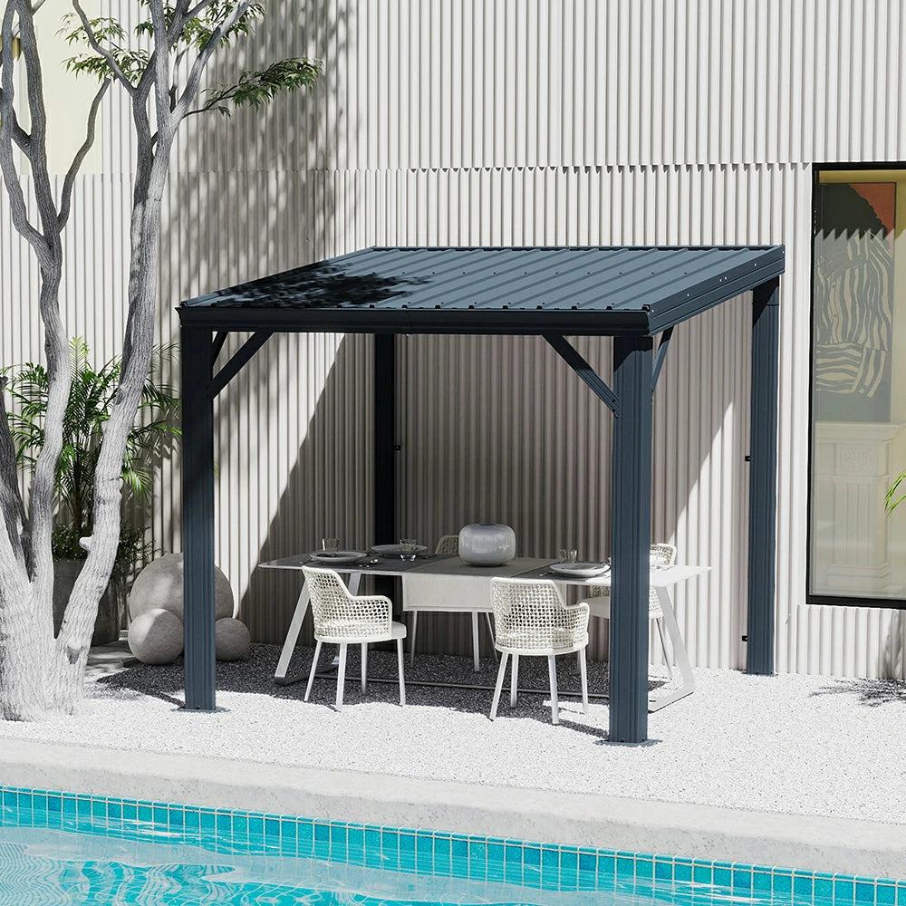 Domi Outdoor Living galvanized steel wall-mounted hardtop gazebo with a gray roof over a dining set beside a pool