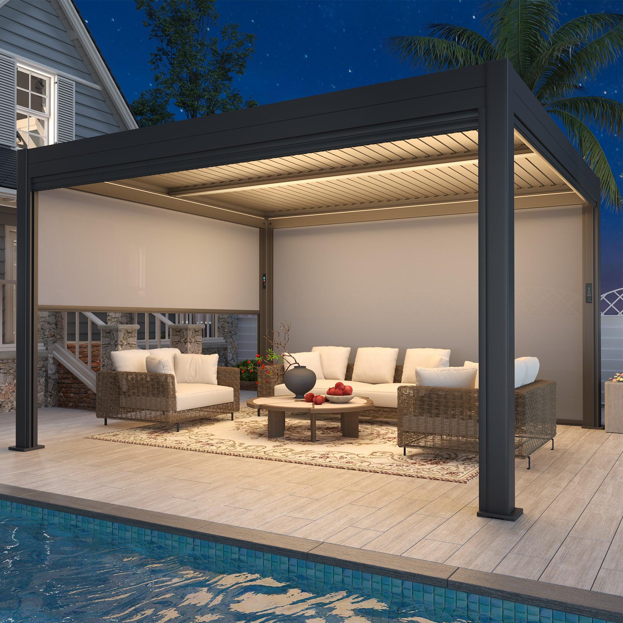 EROMMY electric louvered pergola in black with motorised louvers over a poolside lounge seating area