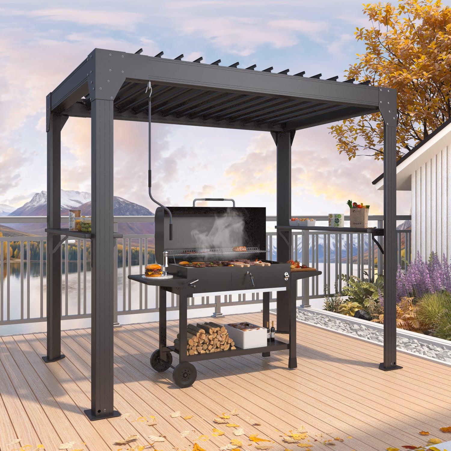 EROMMY 8ft by 5ft louvered grill pergola in black over a barbecue on a lakeside deck