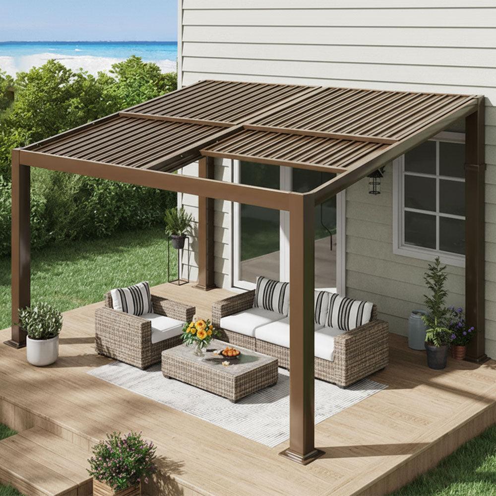 EROMMY lean-to hardtop shelter in bronze with a galvanized steel roof against a house wall over a decked lounge set